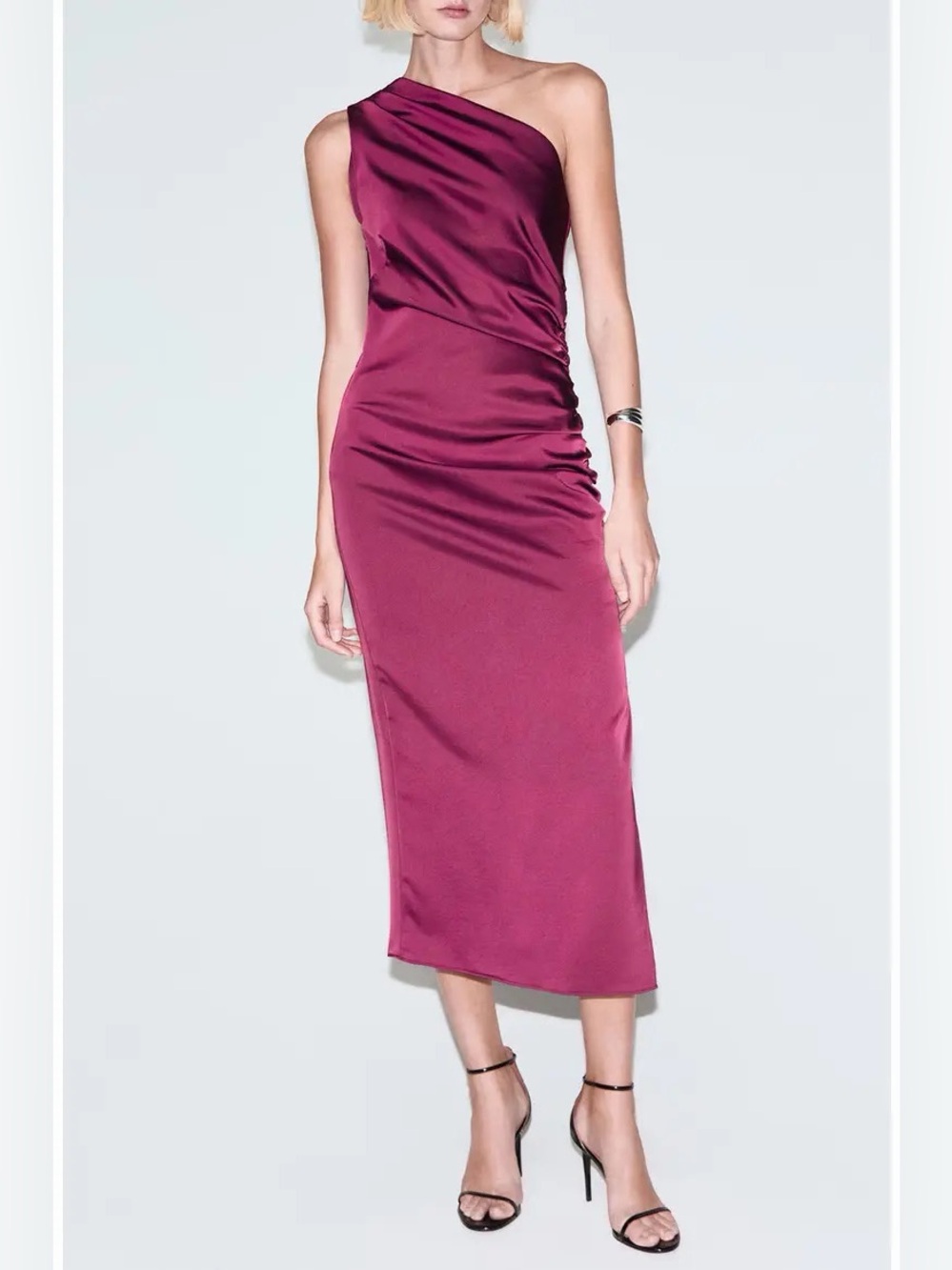 Mango One-Shoulder Satin Maxi Dress in Plum Pink